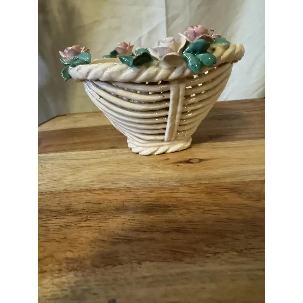 Vintage Italian Reticulated Porcelain Basket Italy Lattice Trinket‎ Dish